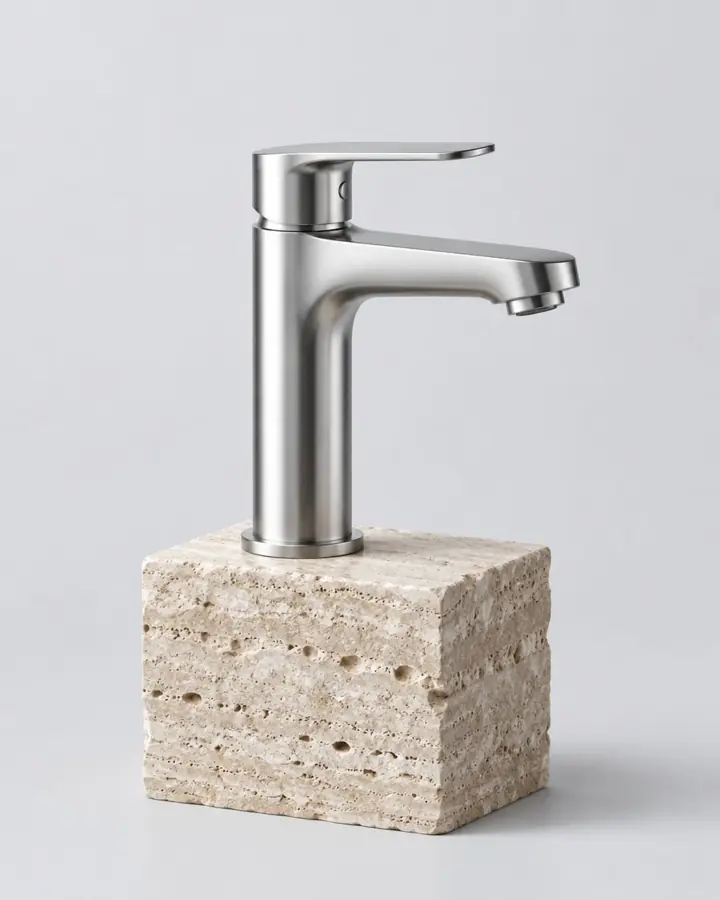Mitigeur inox sur bloc de travertin